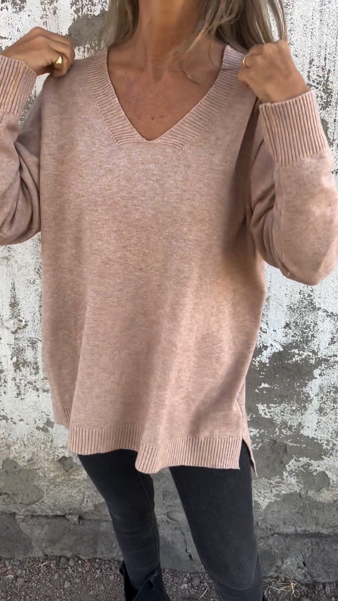 Casual V-neck Long-sleeved Knitted Top khaki