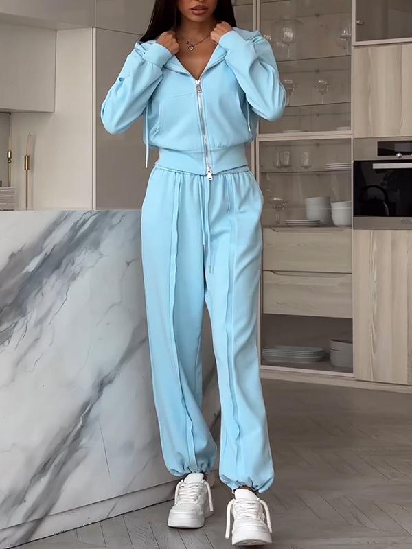 Women's Solid Color Hooded Sweatshirt Two Piece Set blue