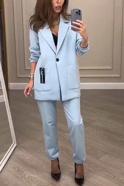 Women's Fashionable Solid Color Lapel Long Sleeve Two-piece Set Blue