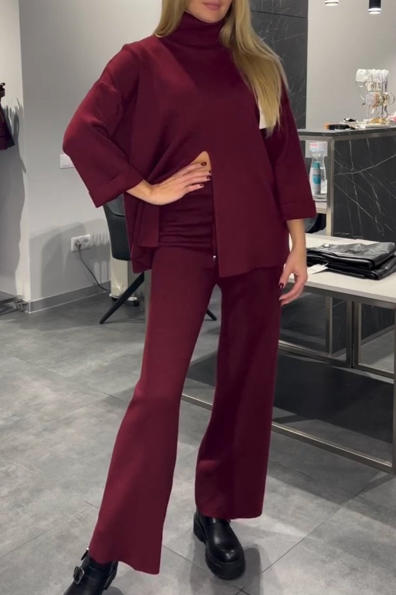 Women's Casual Solid Color Two-Piece Set burgundy