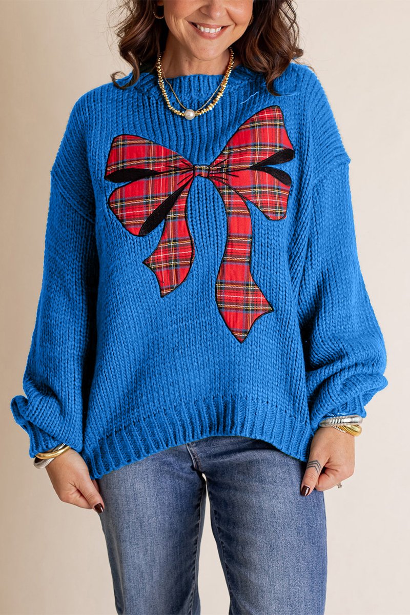 Women's Christmas Knitted Bow Sweater blue