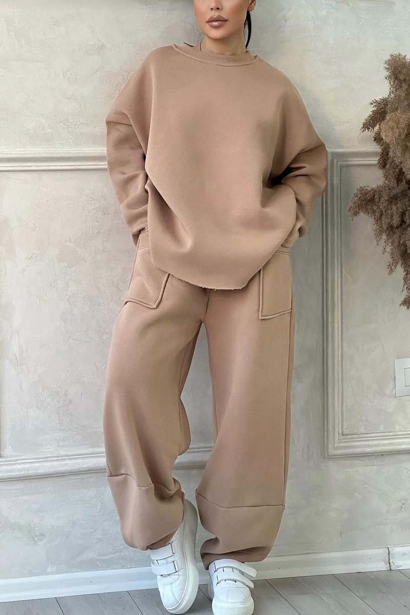 Women's Casual Solid Color Round Neck Long Sleeve Sweatshirt Sports Suit Khaki