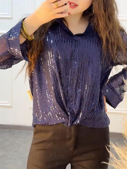 Women's Solid Color Sequined Shirt blue