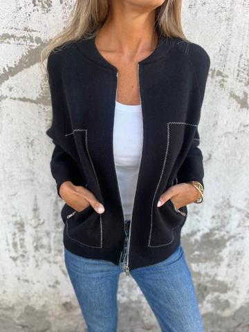 Casual Round Neck Zipper Thin Jacket black