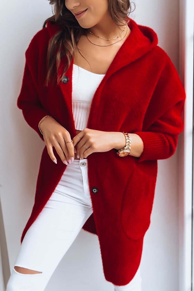 Women's Casual Loose Dolman Sleeve Plush Hooded Coat Wine Red