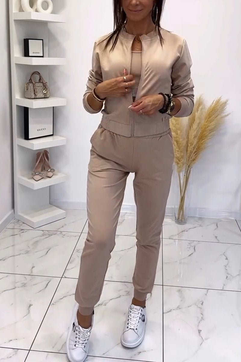 Women's Casual Zipper Two Piece Suit apricot