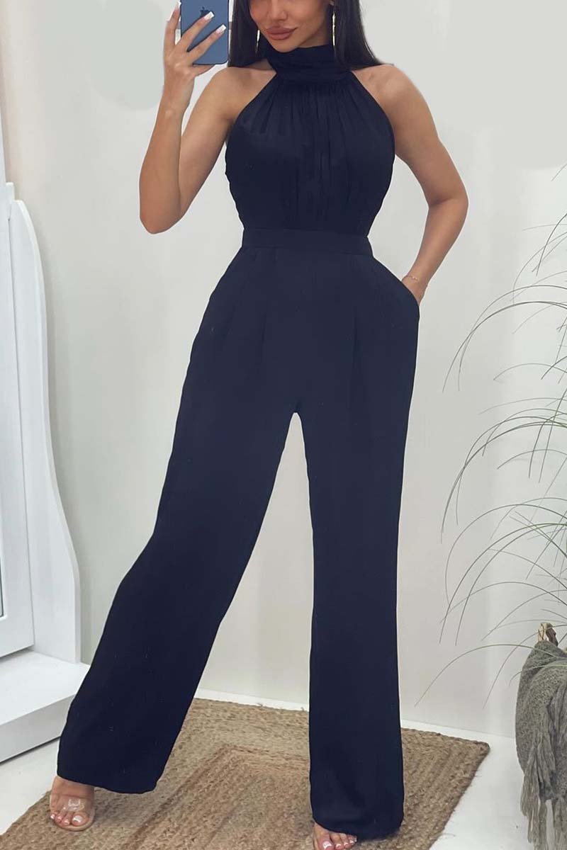 Women's Fashion Halter Solid Color Sleeveless Jumpsuit