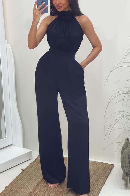 Women's Fashion Halter Solid Color Sleeveless Jumpsuit