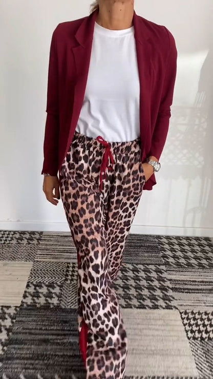 Women's Solid Color Suit Jacket Leopard Pant Suit