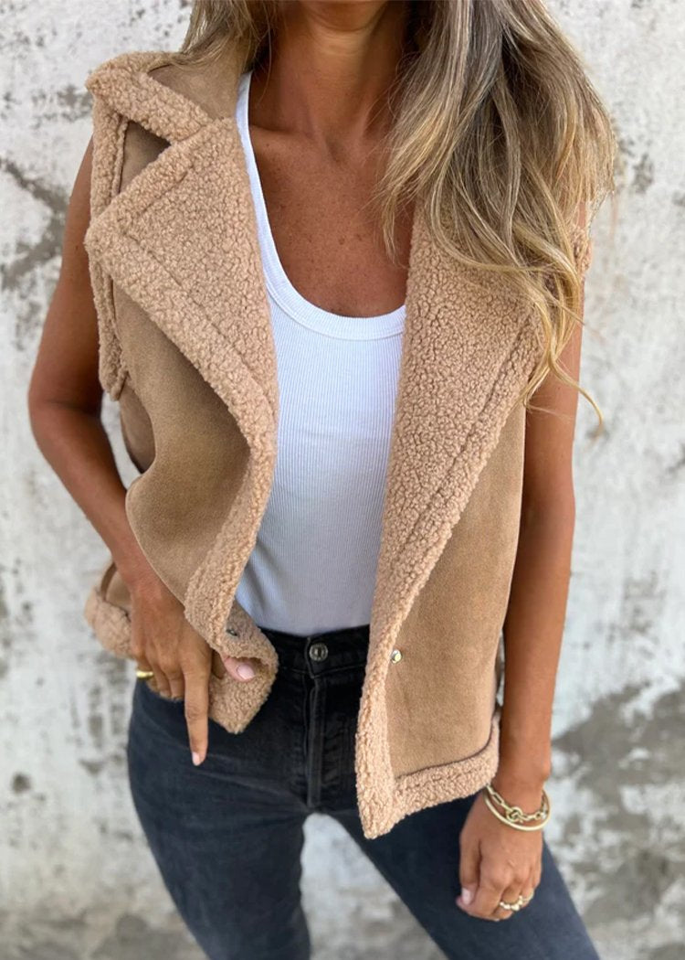 Lapel Sleeveless Cardigan Shearling Coat Khaki