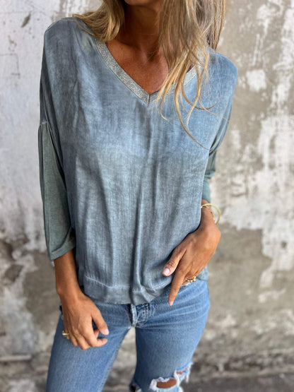 V-neck Fashionable Casual Top gray blue