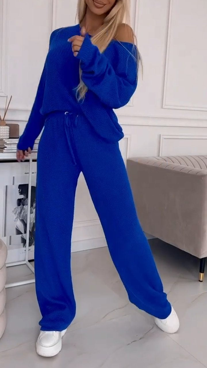 Round Neck Long Sleeve Solid Color Two Piece Suit Blue