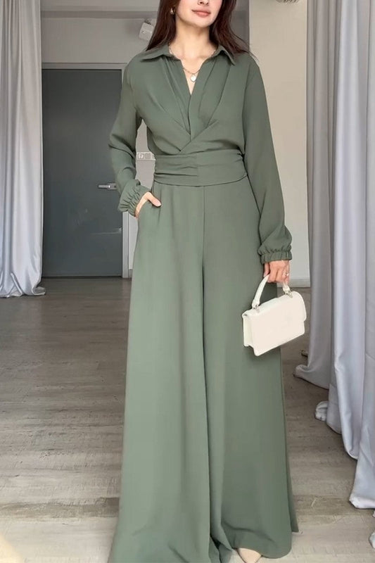 Women's Casual Lapel Loose Jumpsuit green