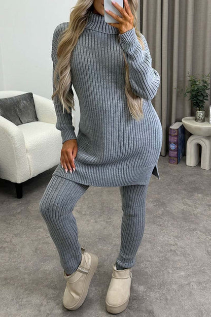 Women's casual solid color turtleneck knitted suit Gray