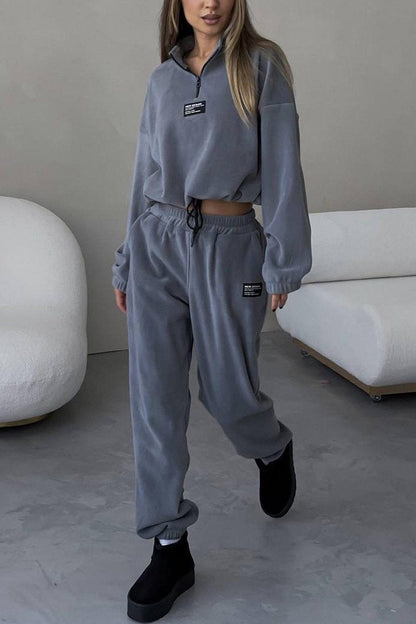 Women's Casual Solid Color Zipper Pants Suit Deep Grey