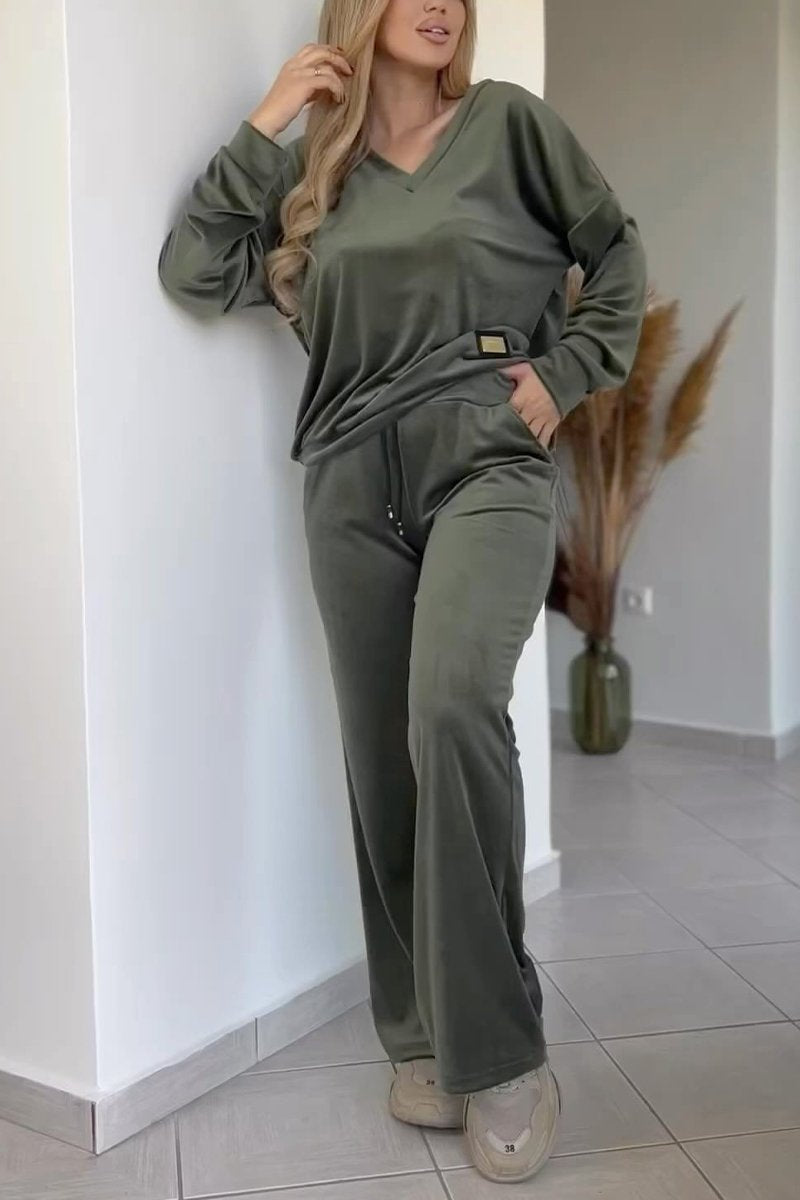 Women's Casual V-neck Suede Two-piece Suit green