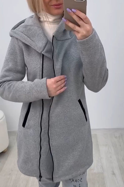 Women's Casual Solid Color Zipper Hooded Cardigan