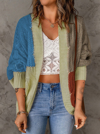 Women's Casual Colorblock Knitted Cardigan blue