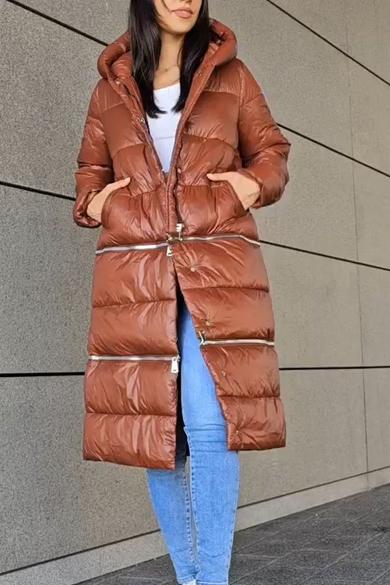 Women's Solid Color Long Zipper Patchwork Coat brown