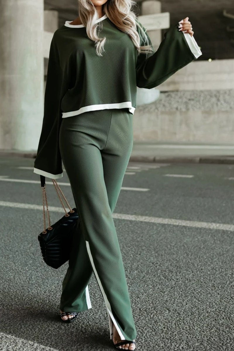 Women's Casual Colorblocked Long Sleeve Two-Piece Set army green