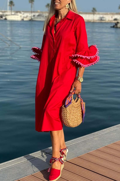 Women's Casual Ruffle Sleeve Shirt Dress Red