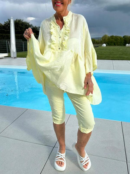 Women's Casual V-neck Solid Color Two-piece Suit yellow