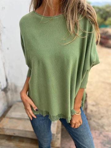 Casual Round Neck Lace Top green