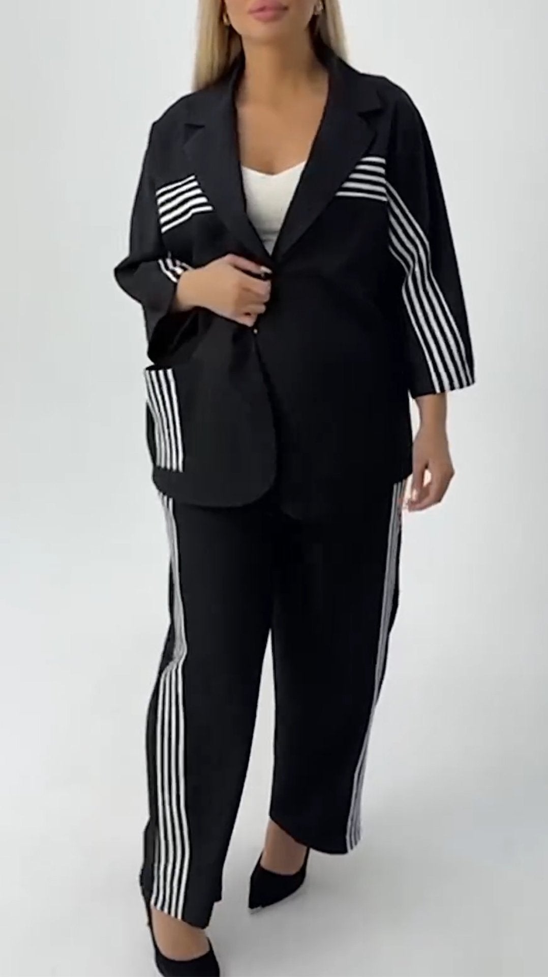 Women's Casual Lapel Striped Two-piece Set