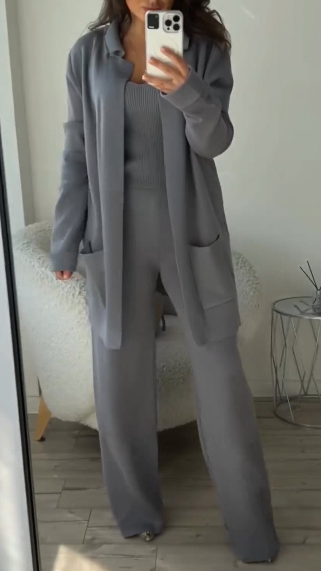 Women's Lapel Long-sleeved Knitted Casual Three-piece Suit gray