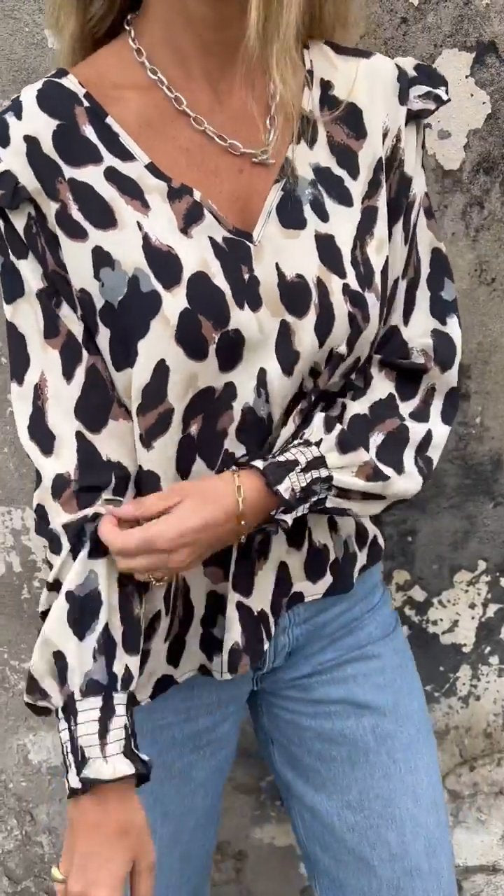 Leopard Print V-neck Top with Flying Sleeves