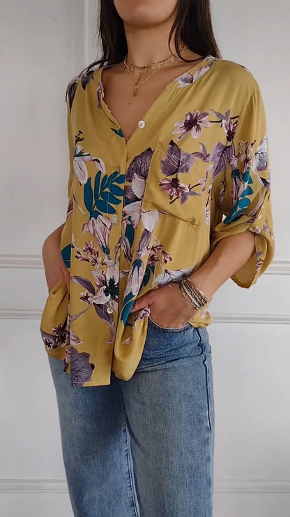 Women's V-neck Mid-sleeve Printed Casual Top yellow