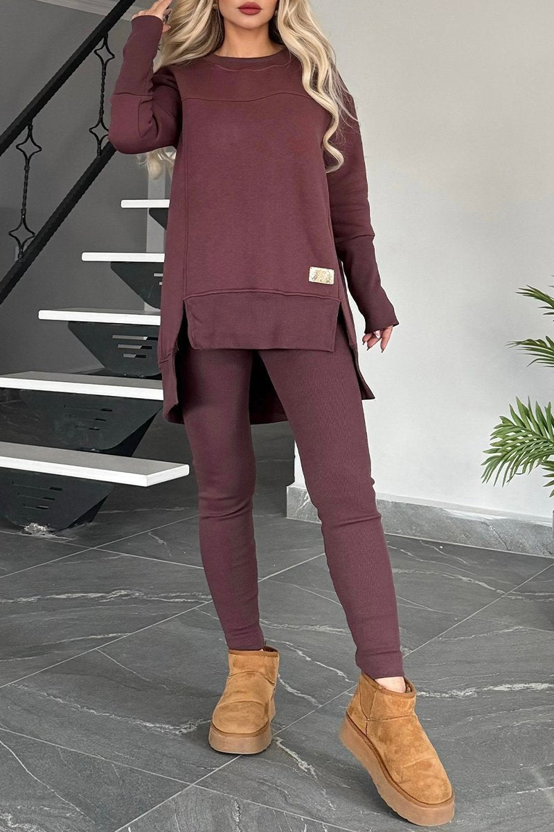 Women's Round Neck Long Sleeve Sweatshirt Suit wine-red