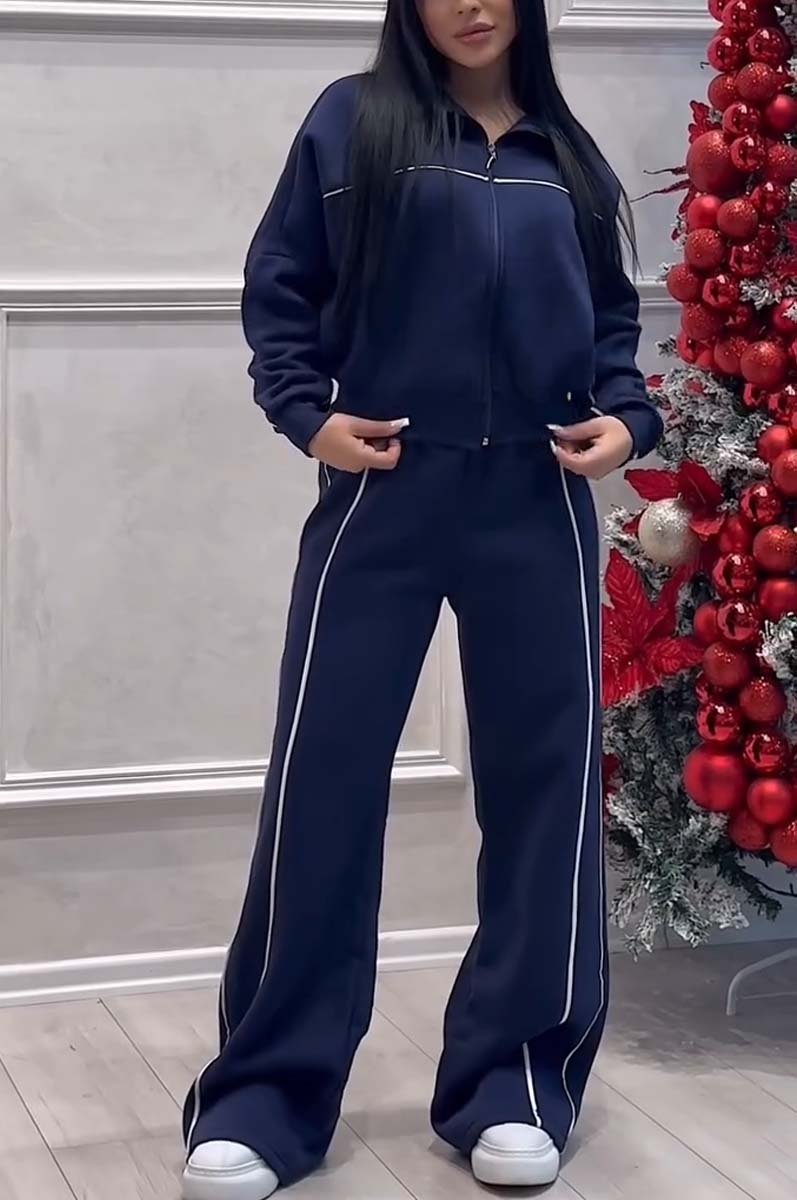 Women's casual sports zipper jacket wide leg pants suit Dark Blue