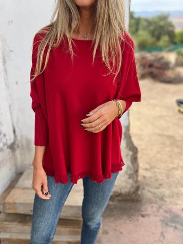 Casual Round Neck Lace Top red