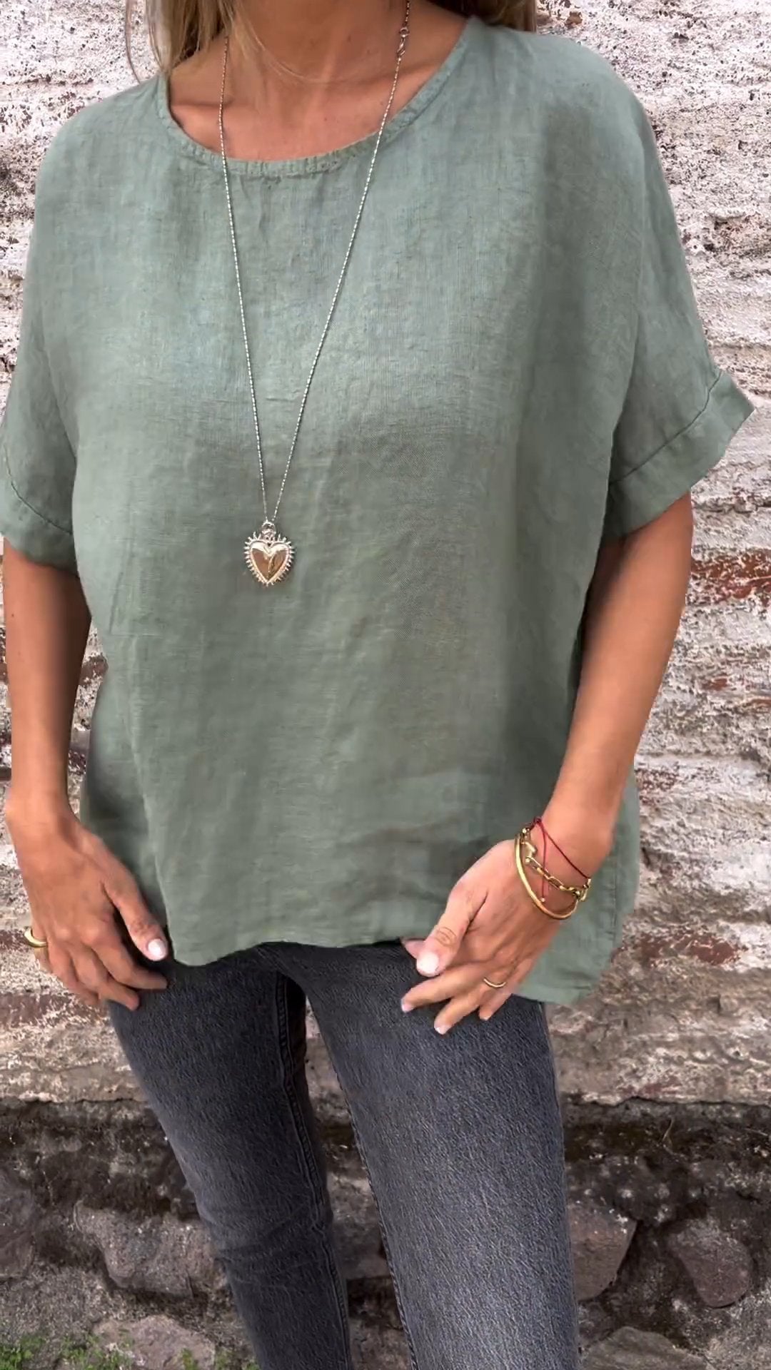 Round Neck Cotton And Linen T-Shirt green