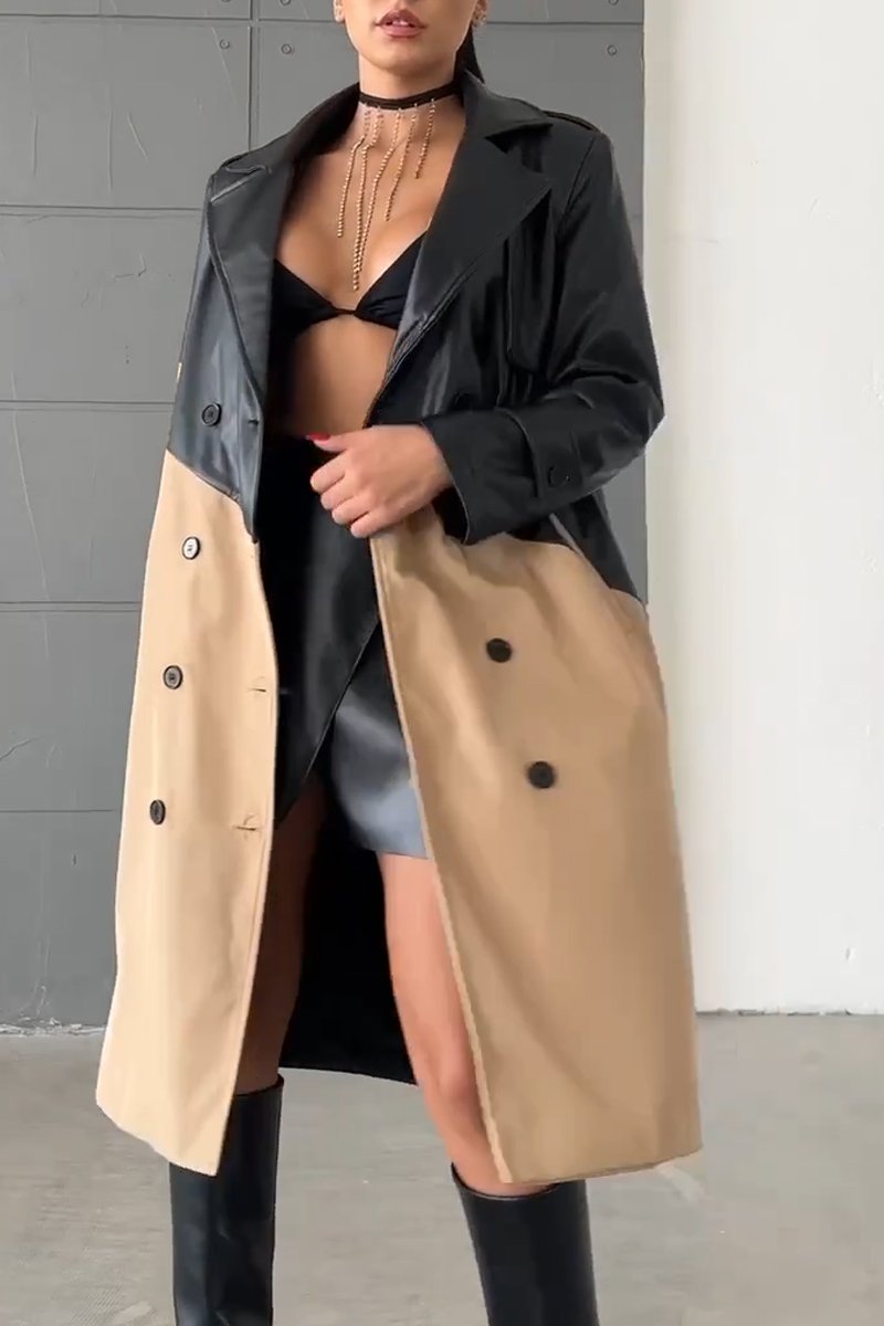 Women's leather patchwork long trench coat Khaki