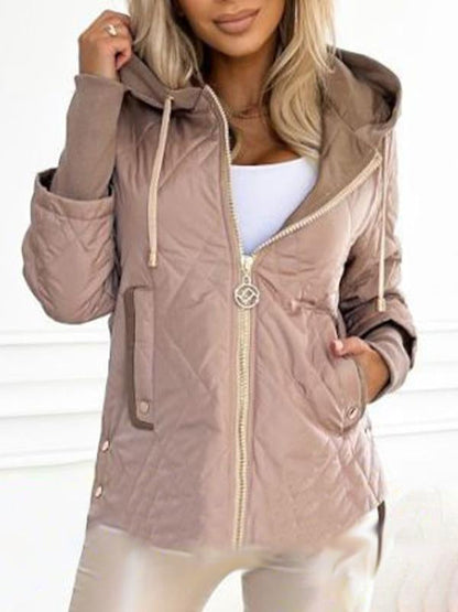 Women's Hooded Zipper Side Button Design Casual Coat light brown