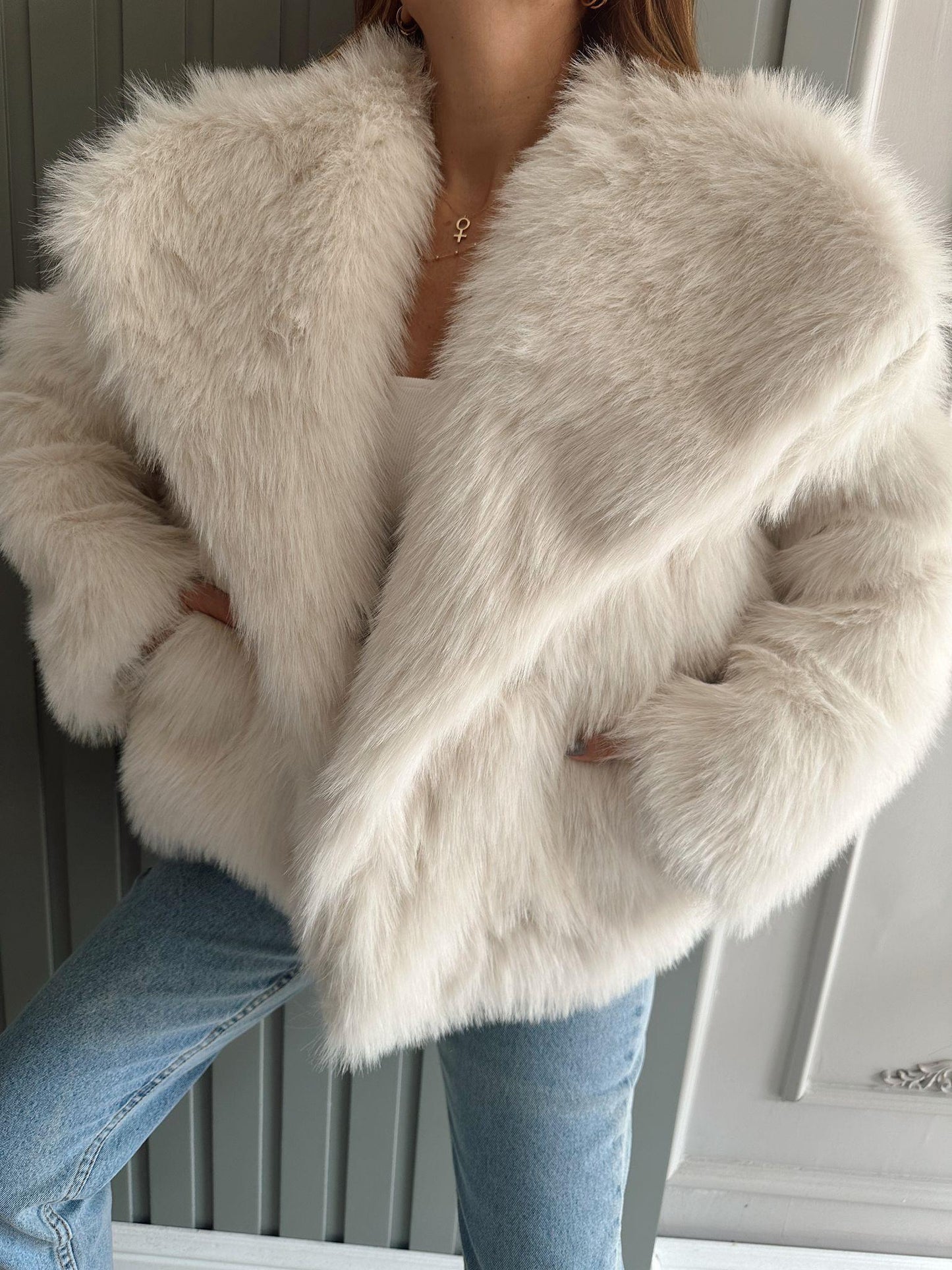 Women's Lapel Long Sleeve Faux Fur Coat off-white