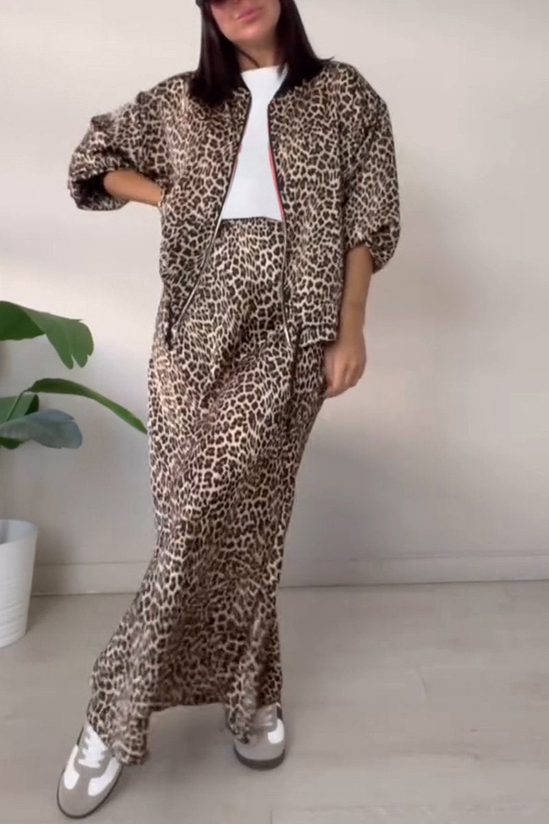 Women's Casual Round-neck Zipper Leopard Printed Two-piece Suit brown