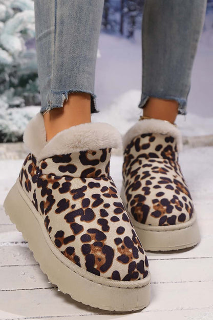 Women's thickened velvet round toe thick sole leopard print snow boots Khaki