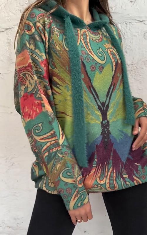 Women's Hooded Contrasting Print Sweater Jacket green