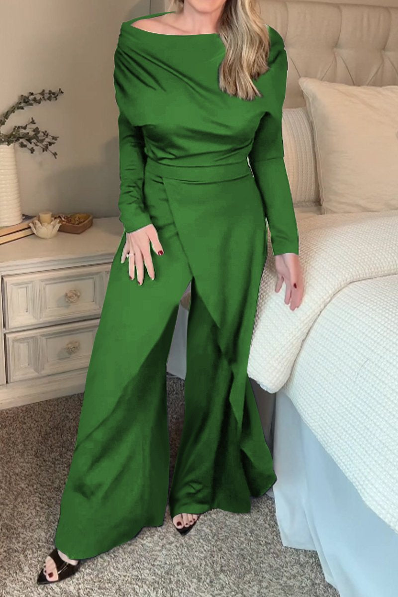 Women's One-shoulder Long-sleeved Split Design Temperament Jumpsuit green