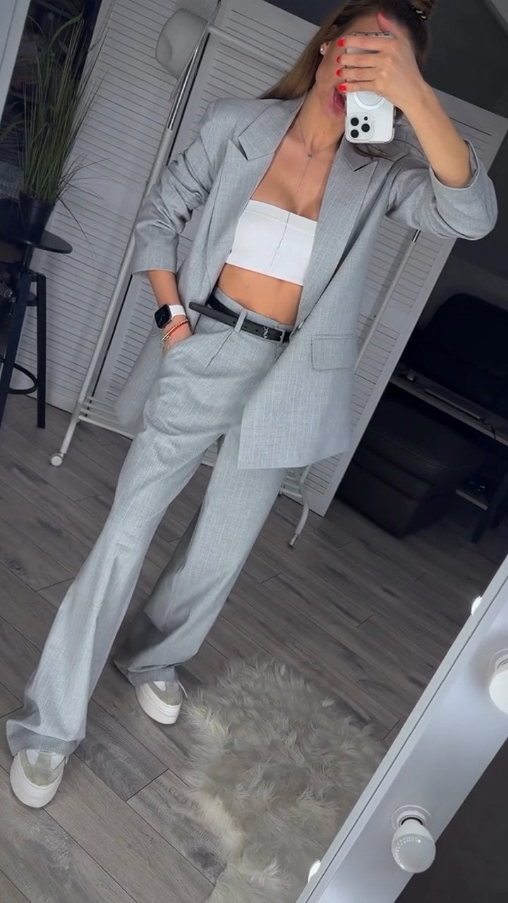 Women's Solid Color Two Piece Suit grey