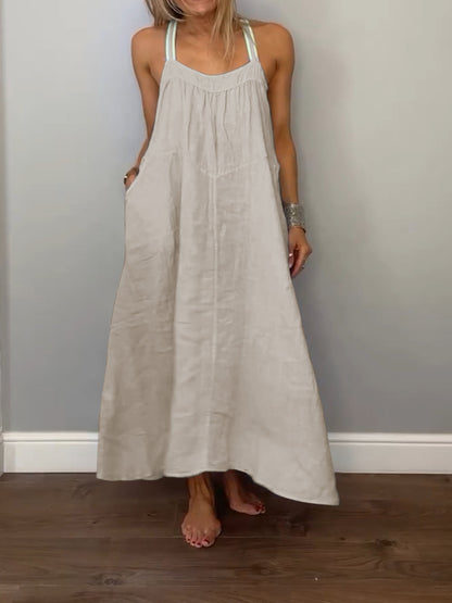 Solid Cotton and Linen Slip Dress Beige