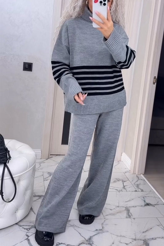 Women's Casual Knit Stripe Long Sleeve Two-Piece Set grey