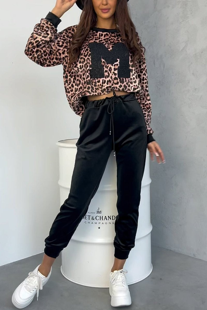 Women's Casual Round Neck Animal Print Two Piece Suit Black-leopard print