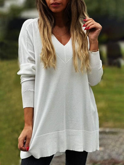 Women's V-neck Casual Loose Sweater Top White