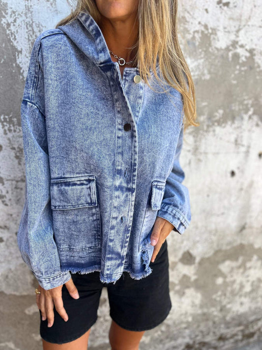 Women's Hooded Denim Long Sleeve Jacket blue