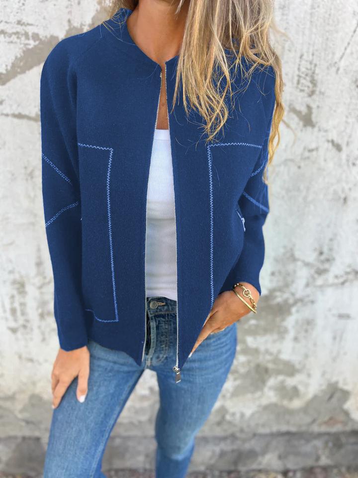 Casual Round Neck Zipper Thin Jacket blue