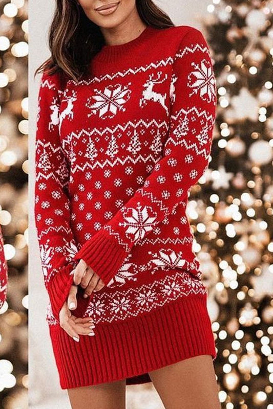 Christmas Elk Snowflake Long Sleeve Sweater red